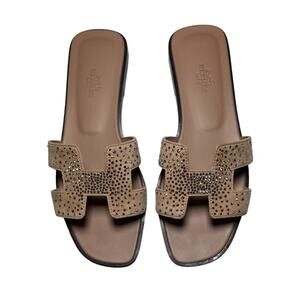 HERMES Oran Suede Crystal Rhinestone Slides Sandals 38 Rose Bois De Santal
